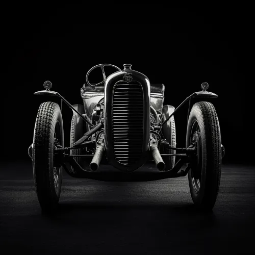 Coche de carreras retro con neumáticos y tubos de escape, iluminado