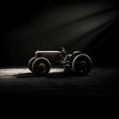 Antiguo tractor en una atmósfera oscura con luz brillante