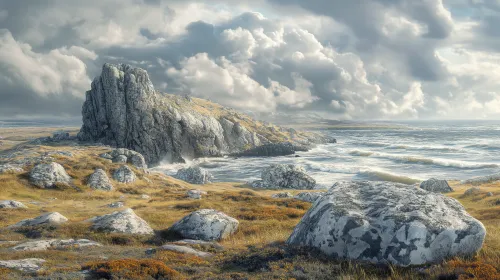 Cliffs by the sea with a cloudy sky and green vegetation