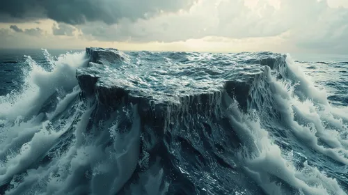 Huge waves crashing against the rock in the ocean under a cloudy sky