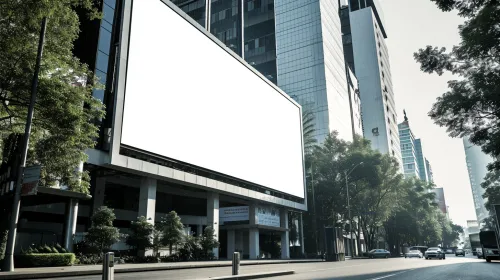 Billboard without advertising against a backdrop of buildings and trees