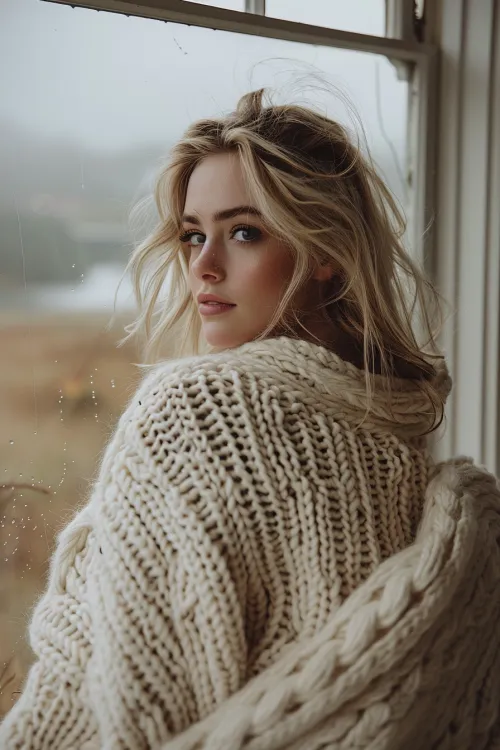 Portrait of a girl in a chunky sweater by the window with rain