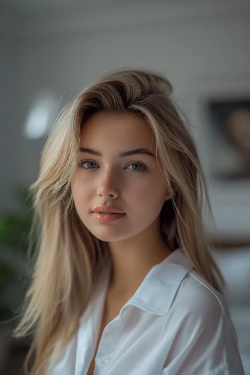 Close-up of a young woman's face with long blonde hair