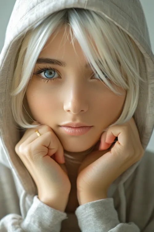Close-up focus on the face of a girl with blue eyes in a hoodie