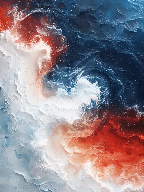 Abstract drawing depicting the ocean with red and blue shades
