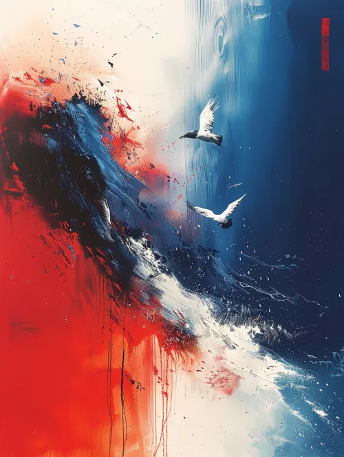 Abstract artwork with birds and bright colors