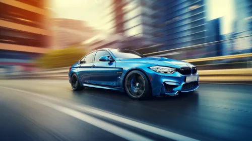 Синий BMW M4 движется по городской улице с размытым фоном