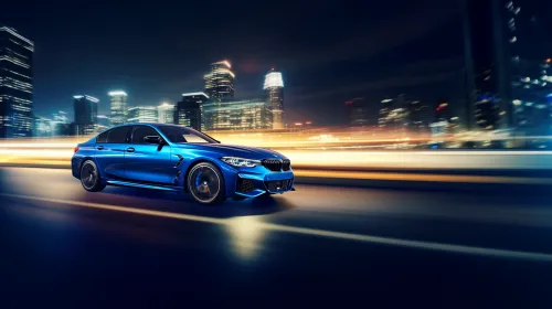 Blue BMW against the illuminated modern urban landscape at night