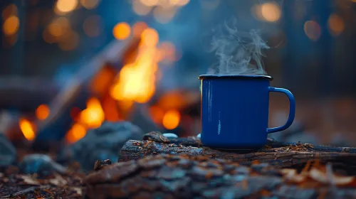 Синяя кружка с дымом на фоне горящего костра в лесу