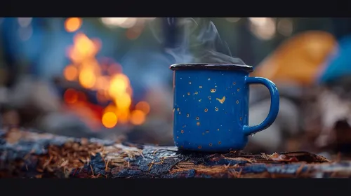 Синяя кружка с дымом, расположенная перед дымящимся костром в лесу