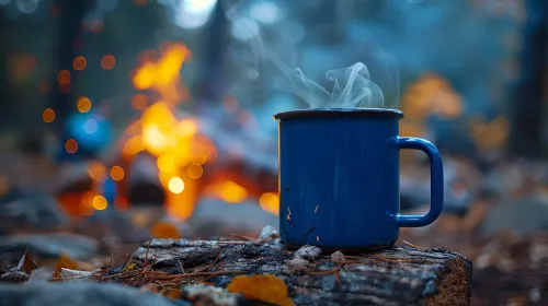Пейзаж с дымящейся кружкой и огнём в лесу