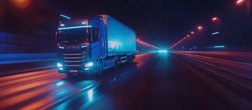 Camión azul circula por una carretera mal iluminada durante la noche