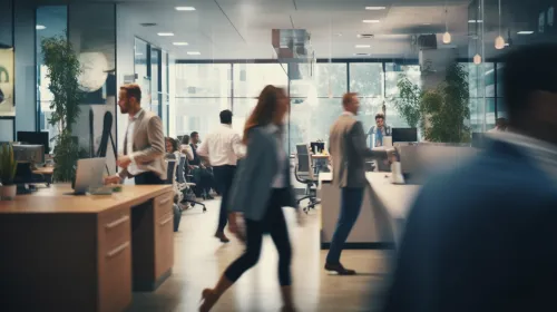 Empleados en una oficina moderna, ocupándose en diversas tareas