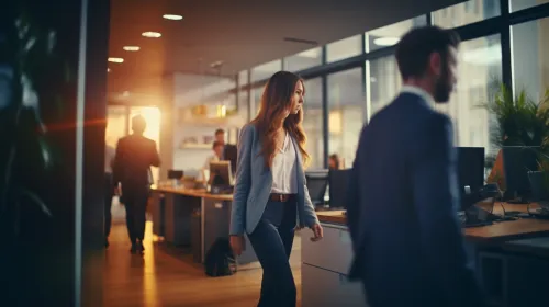 Woman in business attire walking through the office against a sunset background