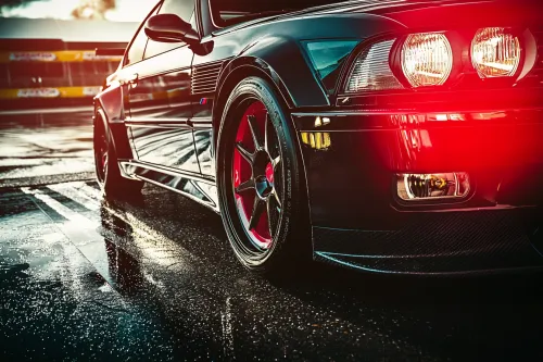 Detailed image of a black sports car with red rims