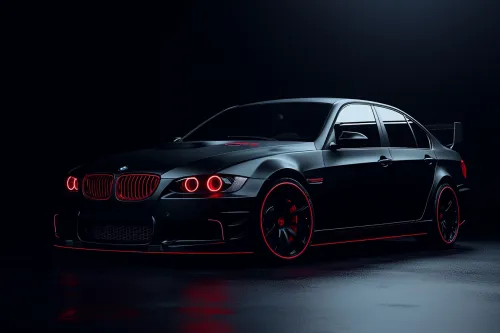 BMW covered in black matte wrap with red details and lighting