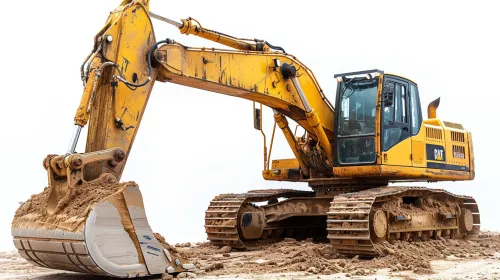 Picture of an excavator with a bucket full of sand at a construction site.