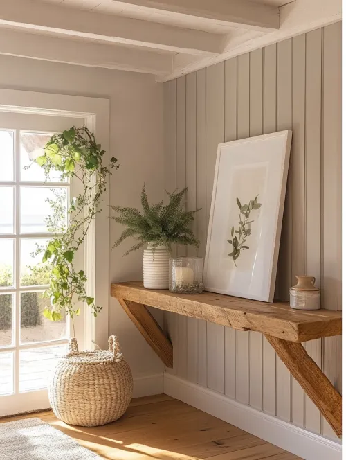 Habitación con elementos naturales, plantas verdes y una estantería de madera