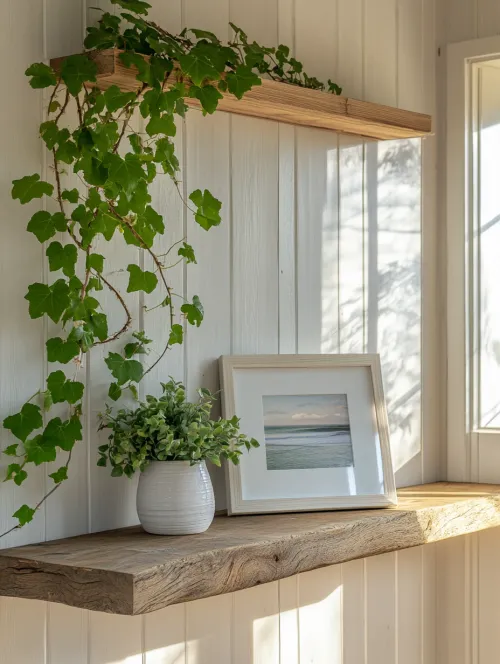 Estantería con plantas y marco de fotografía en la pared