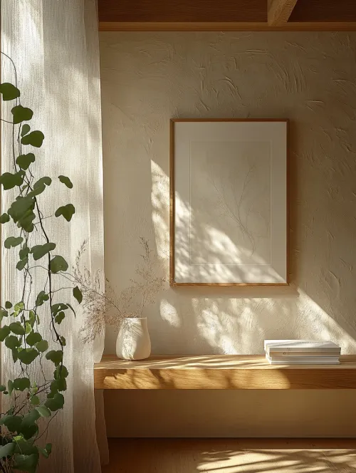 Interiores luminosos de una habitación con plantas verdes, un cuadro y muebles de madera