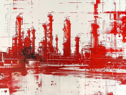 Image of factory chimneys with a red background and graphic elements