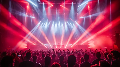 Una multitud de espectadores en un concierto, rodeados de efectos de luz brillantes