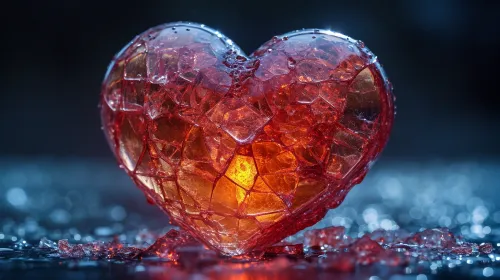 Hermoso corazón hecho de material de vidrio, brillando en el fondo