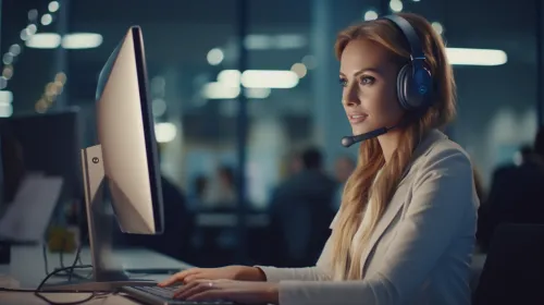 Office worker with headphones against a backdrop of modern technology
