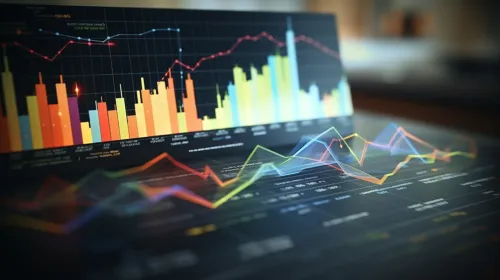 Graphic data analysis with colorful charts and lines