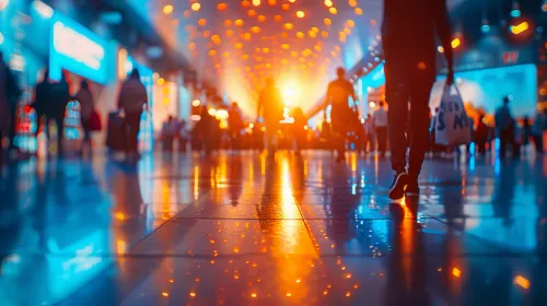 Scene in an airport with bright lights and reflections on the floor