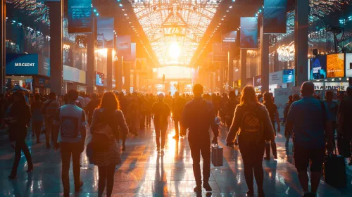 Multitud de personas contra un fondo de luces brillantes en un moderno centro de exhibiciones
