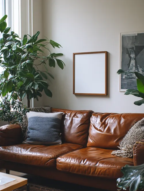 Old leather sofa with cushions and plants in the interior