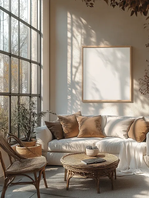 Living room with a cozy atmosphere, large windows, and minimalist furniture