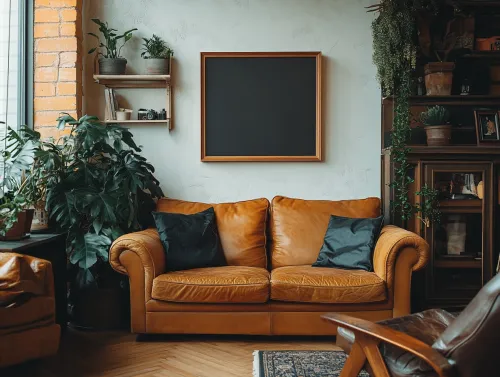 Living room with a brown leather sofa and green plants on the shelves