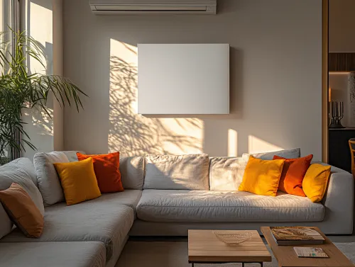 Modern living room interior with a soft sofa and bright cushions