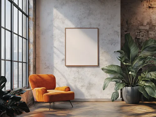 Silla de color naranja junto a plantas en un interior elegante