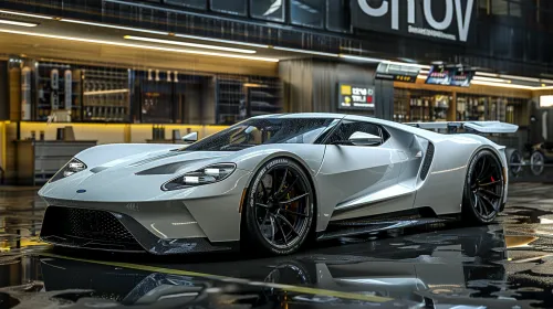 Imagen de un Ford GT blanco estacionándose en un ambiente elegante
