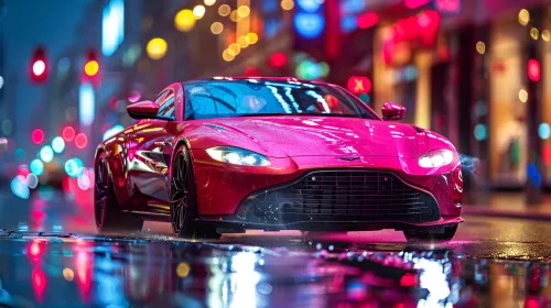 Rojo Aston Martin en una carretera mojada con reflejos de la ciudad nocturna