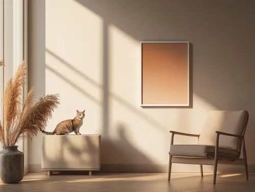 Image of a stylishly decorated space with a cat and decorative elements