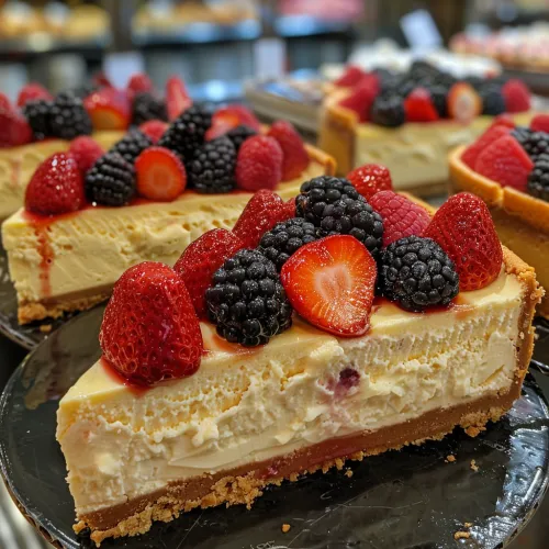 Delicioso cheesecake con base de galleta y bayas en la parte superior