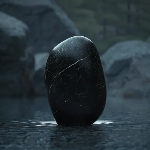 A Black Stone Standing in Water Among Mountain Stones