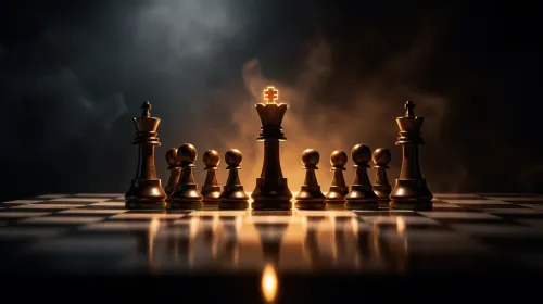 Imagen de la figura de la reina de ajedrez, rodeada de peones en la penumbra