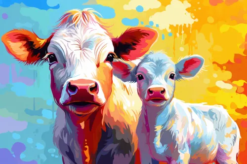 Imagen de una vaca y un ternero sobre un fondo abstracto colorido