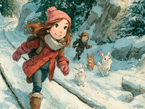 A girl in a red jacket and a boy running through the snow with rabbits