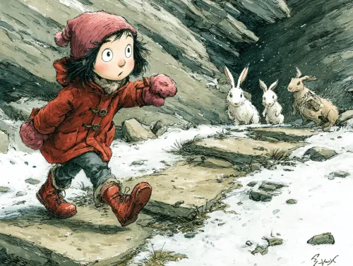 A small girl walks along a snowy road in the forest towards rabbits and a kid