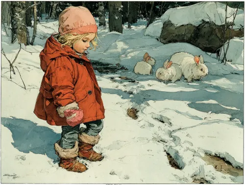 A cute girl in a red jacket observing white rabbits in the snow