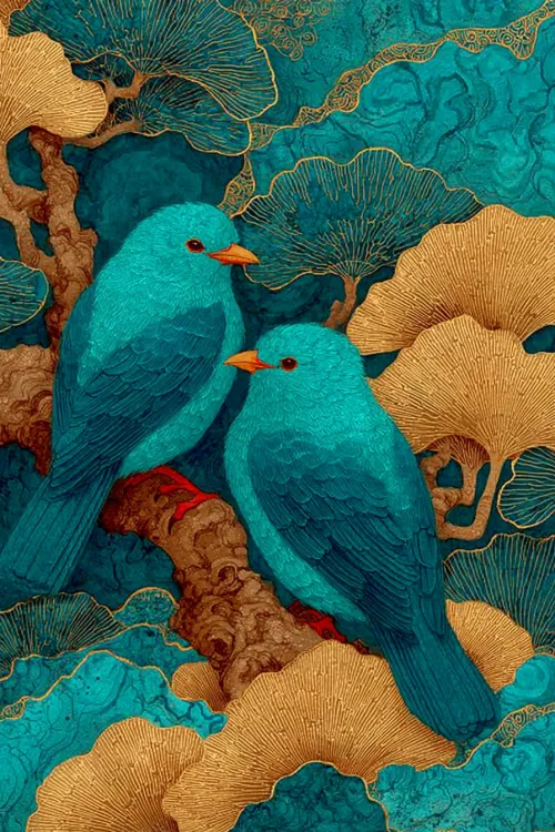 Two vibrant blue birds against a backdrop of green plants and golden elements