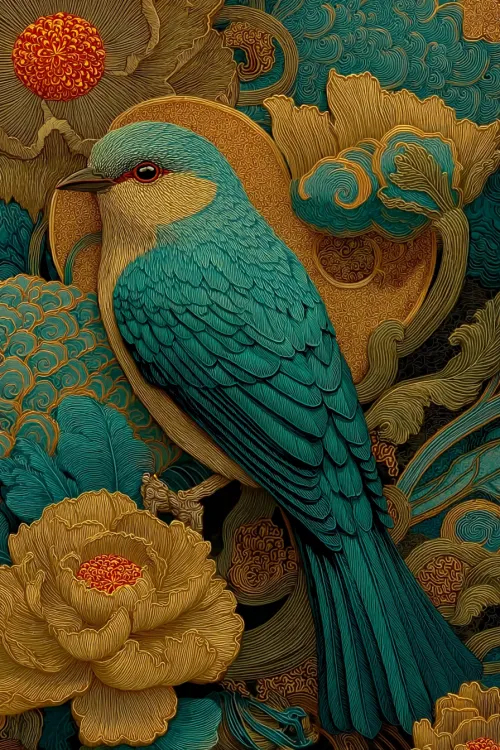 Illustration featuring a colorful bird and bright flowers in the background