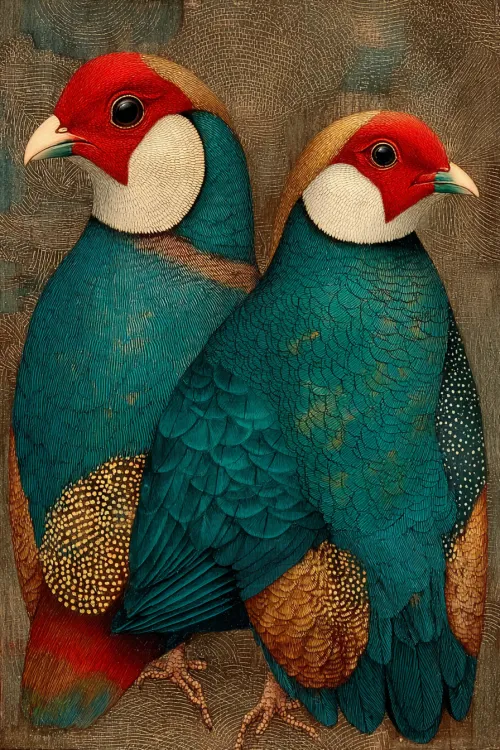 Illustration of Two Bright Birds with Detailed Feather Texture