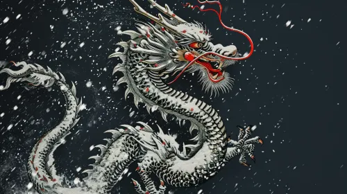 Hermosa ilustración de un dragón sobre un fondo de paisaje nevado